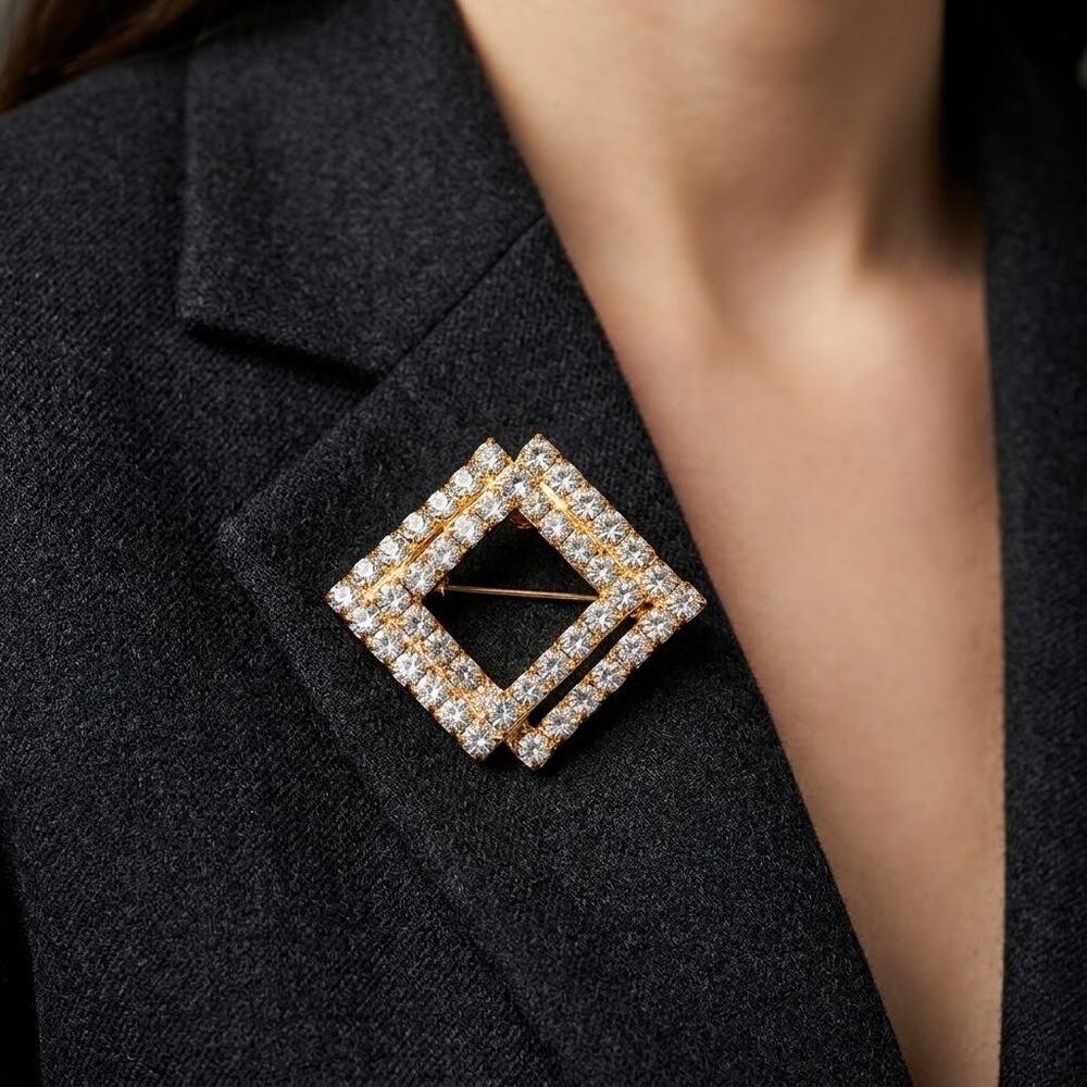 Vintage Gold Tone Rhinestone Double Diamond Geometric Brooch Pin Wedding Lapel